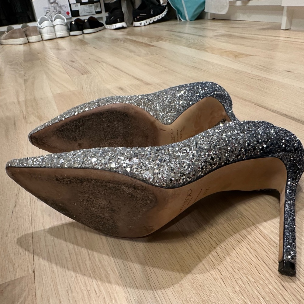 Jimmy Choo silver-blue ombré sparkle heels. Size 37 1/2. Excellent shape.